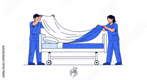 Medical Professionals Preparing a Hospital Bed with Fresh Linens for Patient Comfort and Care