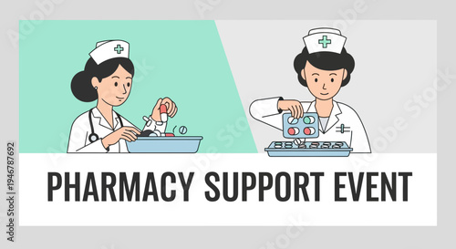 Medical Professionals Preparing Medication for Pharmacy Support Event With Illustrations