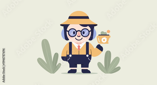 Cheerful cartoon character in a hat and glasses holds a pot of plants
