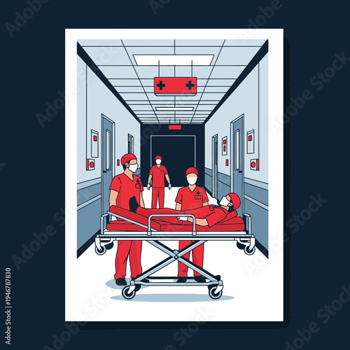 Medical Professionals Transporting a Patient on a Gurney Through a Sterile Hospital Corridor