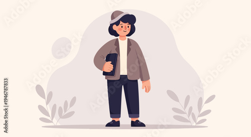 A person in a hat and jacket holds a tablet, standing against a light background with abstract shapes and leaves