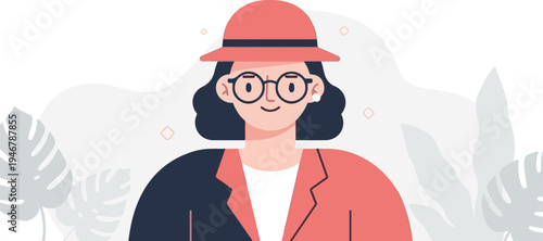 Flat illustration of a smiling person with glasses and a hat, surrounded by abstract shapes and leaves