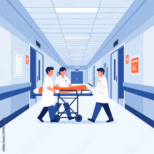 Medical Professionals Transporting Patient on Gurney Through Hospital Corridor for Emergency Care