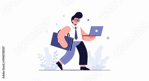 Stylized professional walks with laptop and briefcase amidst abstract plants