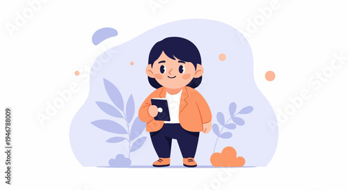 Chubby cartoon person in orange jacket holding a tablet with plants in background