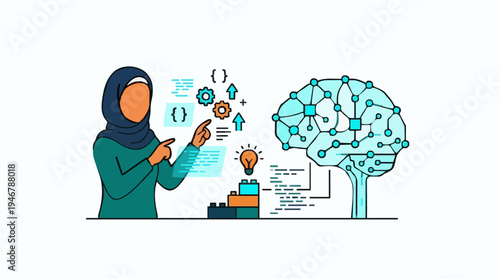 Muslim Woman In Hijab Interacting With Digital Brain Interface And Coding Screens Demonstrating Artificial Intelligence Concepts