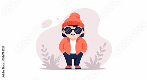 Cute cartoon character with beanie, sunglasses, and orange jacket