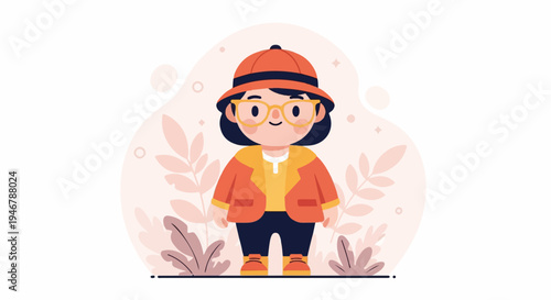 A stylized cartoon character, a child with glasses, wears an orange hat, jacket, and shoes, standing amongst plants
