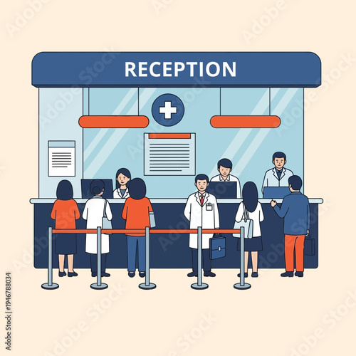 Medical Reception Area With Patients and Staff, Clinic or Hospital Illustrations for Healthcare