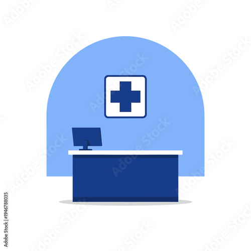 Medical Reception Area With Computer And Symbol Of Health Care Providing Services
