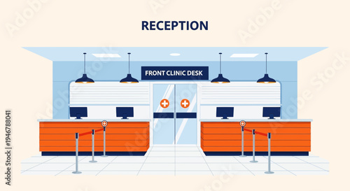 Medical Reception Area With Clinic Desk, Modern Design, and Hospital Front View Display