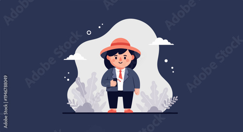 A cartoon woman in a hat, suit, and tie holds a phone in a stylized setting