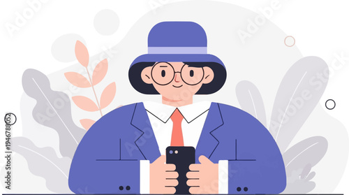 Stylized person wearing glasses and hat, dressed in a suit, holding a phone, with plants in background
