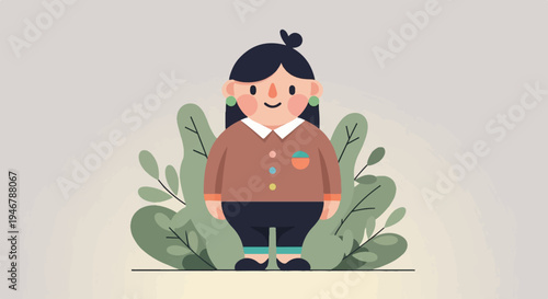 A chubby cartoon figure stands in front of lush green leaves against a softly blended background