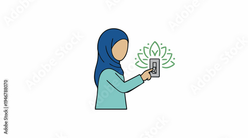 Muslim Woman In Blue Hijab And Teal Top Holding Smartphone With Digital Lotus Flower Graphic Showing Screen Display And Connected Technology
