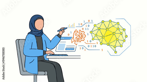 Woman In Hijab Uses Technology To Visualize Artificial Intelligence And Machine Learning Concepts Showing A Rocket Icon And Binary Code Against A White Background
