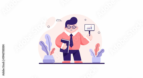 A man in a suit holds a book and a chart, with plants nearby