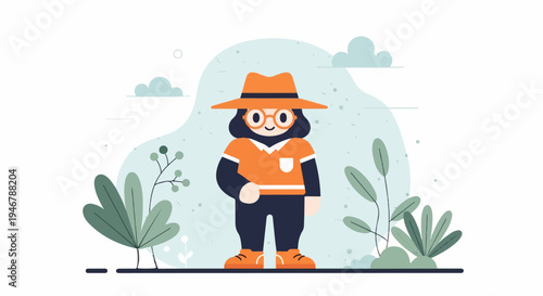 A friendly cartoon person in an orange hat and shirt stands amidst stylized plants under a light blue sky