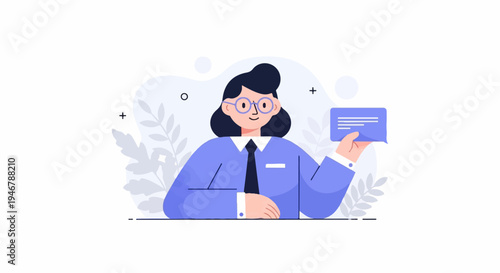Friendly person in blue jacket and glasses holds a speech bubble with lines