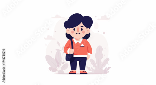 A cartoon character with dark hair, red shirt, and dark pants carries a dark bag