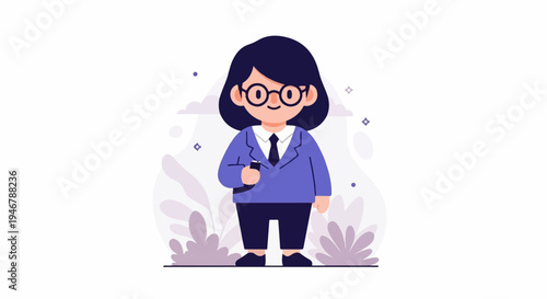 Cartoon character in a suit and glasses holding a device with abstract foliage background