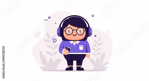 A smiling, round cartoon character wearing headphones and glasses, holding a phone
