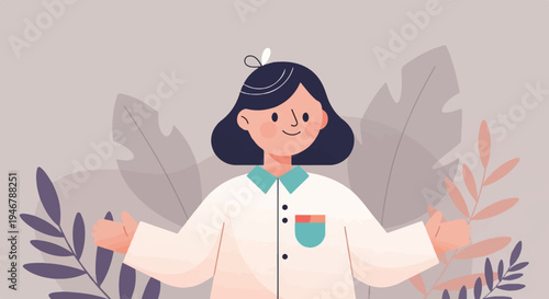 A smiling person in a white lab coat with blue collar gestures with thumbs up amidst stylized plants