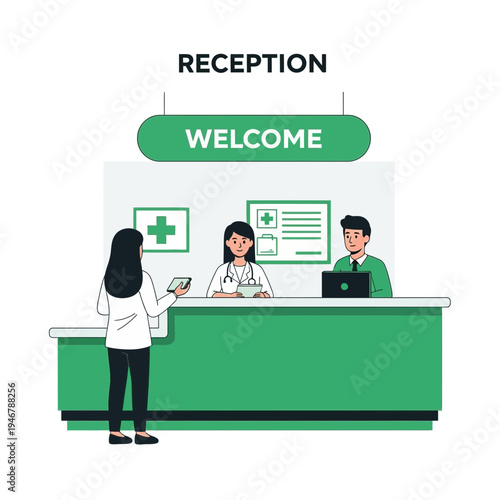 Medical Reception Scene Depicting Patient Interaction with Healthcare Professionals and