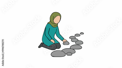 A Muslim woman wearing a green hijab and teal tunic kneels arranging gray stones on a white background