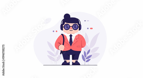 A cartoon character in a suit, tie, and headphones, carrying a bag, stands against a pale background with stylized plants