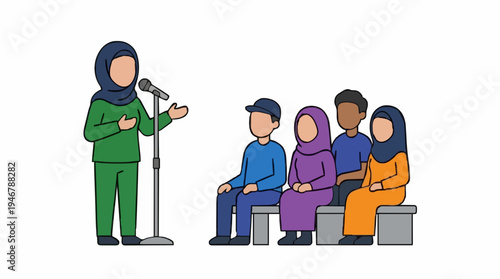 Woman in green hijab speaking at microphone to diverse audience sitting on bench educational presentation indoors with white background