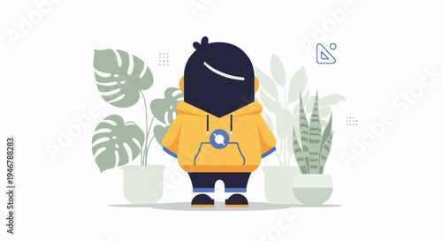 A stylized character in a yellow hoodie stands among houseplants, with abstract dots and a geometric shape