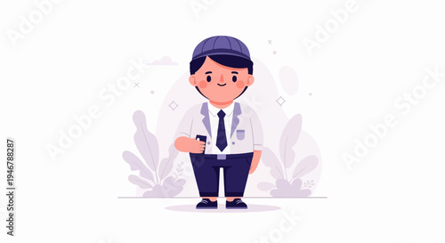 A cheerful, stylized boy in a cap, shirt, tie, and trousers holds a cup