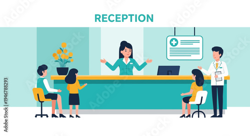 Medical Reception Scene Depicting Patients, Staff, and Healthcare Environments