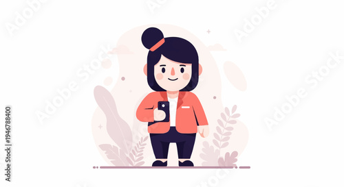 Flat cartoon woman with dark hair bun, orange jacket, and dark pants holding a smartphone