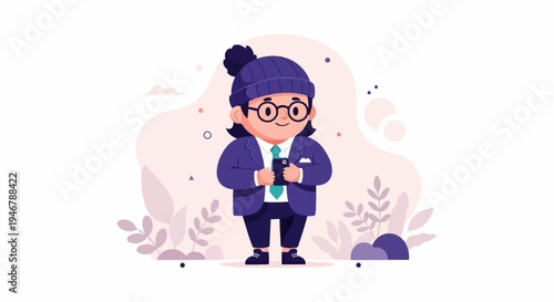 A stylized cartoon character wearing a beanie, glasses, suit, and holding a phone