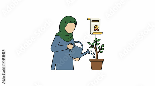 Woman in green hijab watering potted plant with a document showing a biohazard symbol and a skull icon on a white background