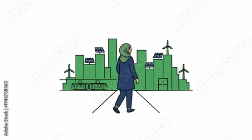Muslim Woman Walks Towards Green Eco City Skyline with Solar Panels and Wind Turbines Under Bright Daylight