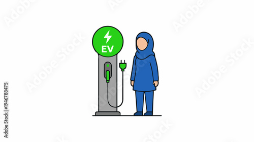 Woman In Blue Abaya Stands Beside Green EV Charging Station With Plugged In Cord Clean Energy Future Transportation