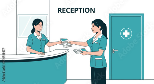 Medical Receptionist Exchange Documents At A Hospital's Front Desk In A Clean Illustration