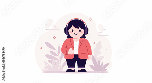 A character with headphones wears a coral jacket and dark pants, standing outdoors with plants