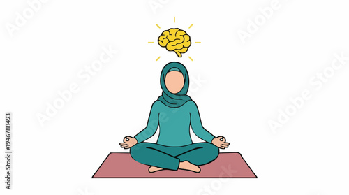 Mindfulness Meditation Woman in Teal Hijab and Teal Clothing Sits in Lotus Pose on a Maroon Mat with Glowing Yellow Brain Illustration Above Her Head