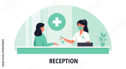 Medical Receptionist Sanitizing Hands, Healthcare During Pandemic, Health Services Safety
