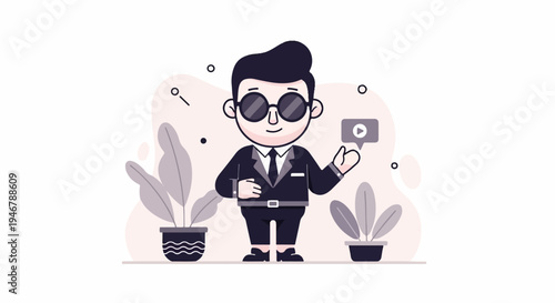 Man in suit with glasses, plants, and play icon speech bubble