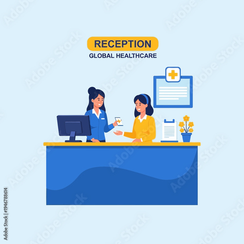 Medical Receptionist Interacting With Patient at Front Desk of Global Healthcare Facility