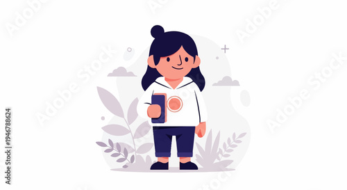 Cute character with dark hair and blue pants holds a phone, surrounded by plants and clouds