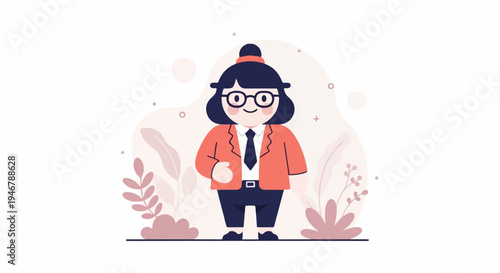 Cheerful, round character in a suit and tie, with glasses, standing among plants