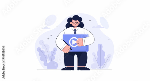 Person in formal attire holds a blue screen with a play button icon