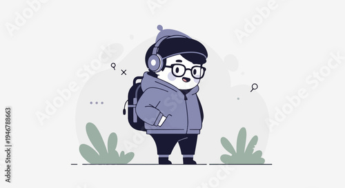Cute character with headphones and backpack, ready for an adventure