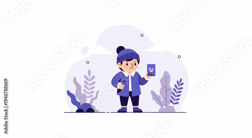 A stylized child wearing winter clothes holds a book and a tablet